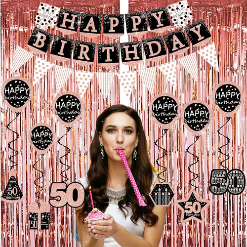 Miniatura 5 de Decoraciones de cumpleaños número 50 para mujer – (paquete de 76) pancarta de fiesta de oro rosa, banderín, remolino colgante, globos de cumpleaños