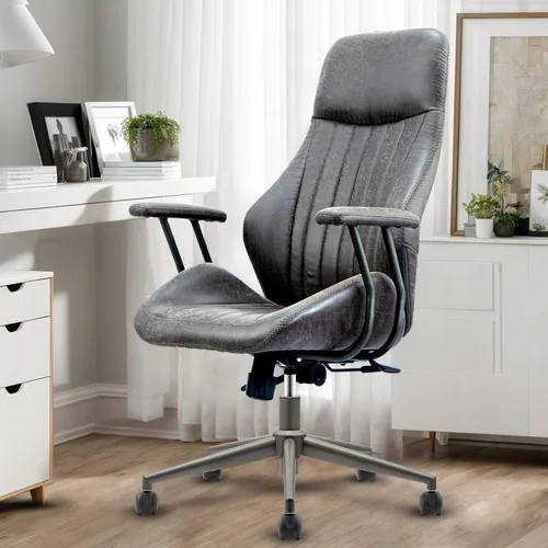 Miniatura 18 de Silla de oficina para el hogar con respaldo medio, silla de escritorio moderna de cuero de mediados de siglo, silla ejecutiva cómoda y giratoria
