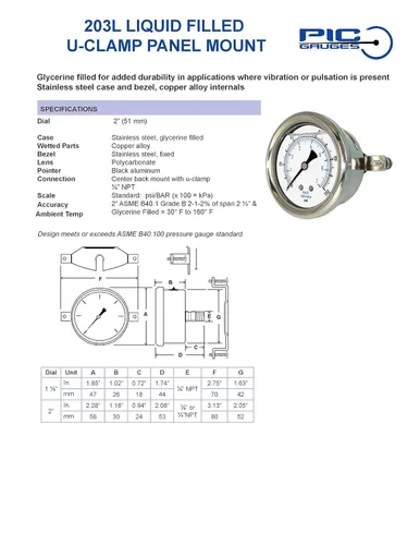 Miniatura 5 de PIC Gauges 203L-204A Manómetro relleno de glicerina con abrazadera en U con carcasa SS/bisel, internos de latón, lente de PC, dial de 2 pulgadas