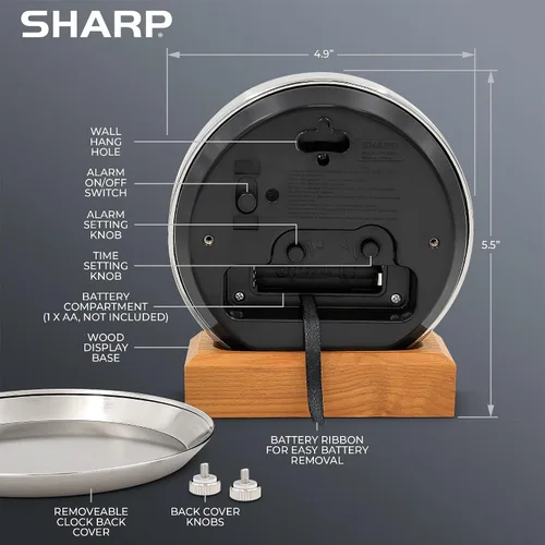 Miniatura 6 de Sharp Silent Sweep - Reloj despertador analógico sin tictac, escritorio de metal cepillado o reloj de pared con soporte de madera auténtica