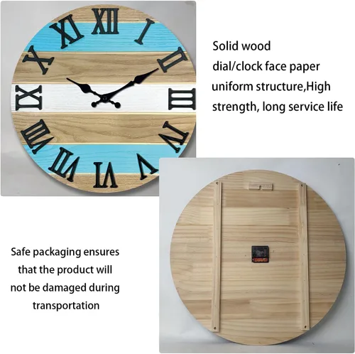 Miniatura 5 de Reloj de pared de madera maciza azul para sala de estar, estilo granja, reloj de pared redondo de 12 pulgadas, funciona con pilas, silencioso