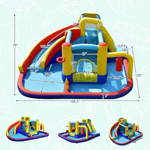 Miniatura 5 de HONEY JOY Tobogán acuático inflable, parque acuático inflable gigante 7 en 1 para niños pequeños con piscina de salpicaduras, casa de rebote de agua