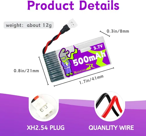 Miniatura 4 de Batería LiPo de 500mAh 3.7V 702035 con Molex XH2.54/Molex Plug,Compatible con DEERC F35, para LEAMBE P-40 Warhawk/Holystone/LEAMBE P-40 Warhawk RC