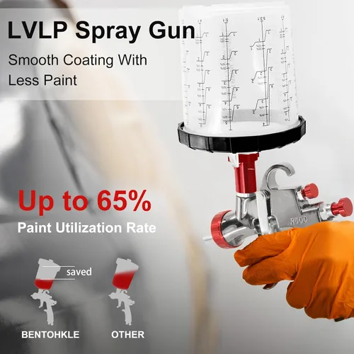 Miniatura 5 de Pistola de rociado de aire LVLP R500 con 10 piezas de vasos desechables de 650ml Boquillas de 1.3/1.5/1.7/2.0mm, Pistola rociadora de pintura R500
