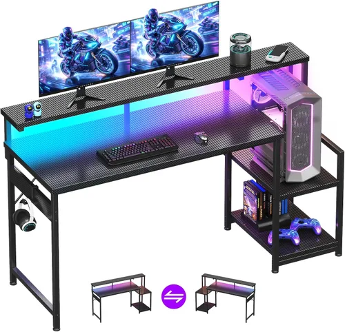 Miniatura 8 de AODK Escritorio para computadora, escritorio para juegos de 48 pulgadas con luces LED y toma de corriente, escritorio de oficina con estantes