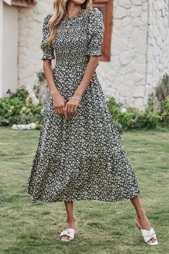 Miniatura 30 de BTFBM Vestidos para mujer, cuello redondo, casual, de verano, con volantes, manga corta, bohemio, con niveles, fruncido, largo, con estampado floral