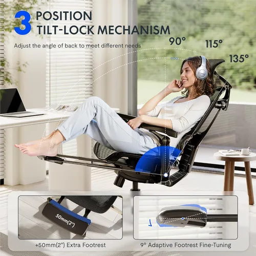 Miniatura 9 de FLEXISPOT Silla ergonómica de oficina ErgoX-PRO con reposapiés negro – Asiento de malla AeroWeave 5.0, lumbar 5D, reposabrazos 7D, reposacabezas 4D