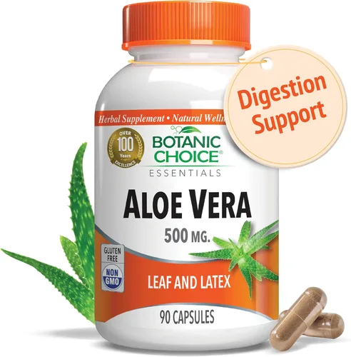 Aloe Vera- Hoja y látex, digestivo, hígado, salud del estómago - Contiene aminoácidos, vitaminas, minerales, enzimas, 500 mg-Sin gluten, sin OGM-90