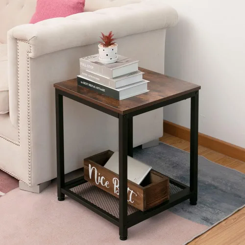 Miniatura 2 de Mesa auxiliar industrial de 2 niveles con estante de almacenamiento, resistente, fácil montaje, muebles decorativos con aspecto de madera con marco