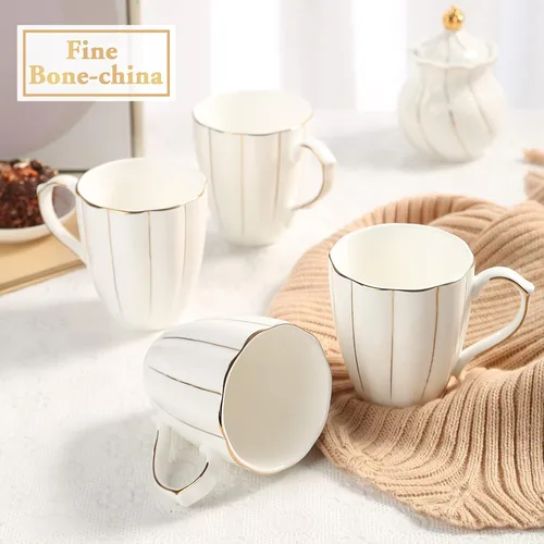 Miniatura 2 de DUJUST Juego de 4 tazas de café (13.5 onzas), diseño británico de lujo con adornos dorados hechos a mano, juego de tazas de porcelana blanca
