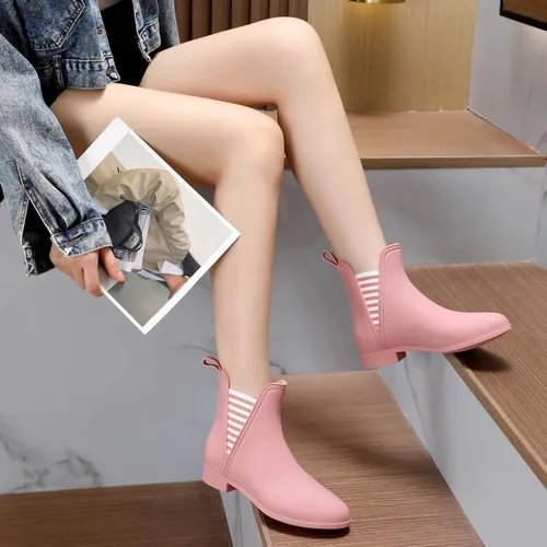 Miniatura 3 de Hsttgsr Botas de lluvia para mujer, cómodas botas de goma cortas antideslizantes, elegantes botines elásticos de tacón medio para jardín