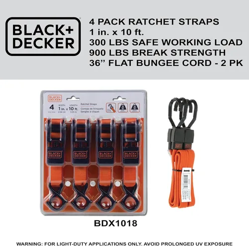 Miniatura 9 de Black+Decker BDX1018 - Juego de 6 correas de trinquete de 10 pies y correa elástica de 36 pulgadas, carga de trabajo segura de 300 libras