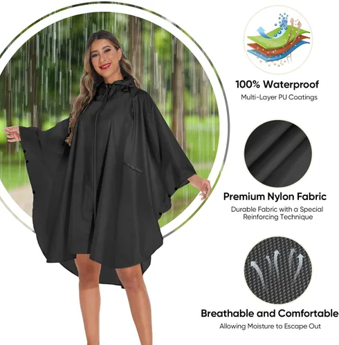 Miniatura 4 de PTEROMY Poncho de lluvia con capucha para adultos con bolsillo y cremallera, chubasquero impermeable ligero para hombres y mujeres