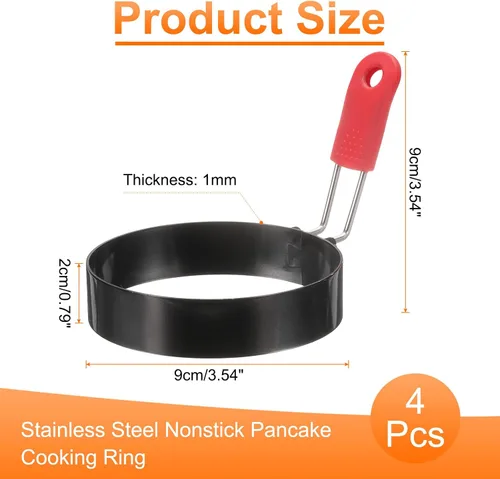 Miniatura 2 de HARFINGTON 4 anillos de huevo de 3.5 pulgadas de acero inoxidable antiadherente para panqueques con mango de silicona para freír huevos sándwich