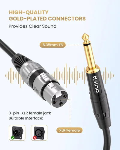 Miniatura 2 de Tisino - Cable de micrófono con conector hembra XLR a conector mono TS de 1/4 (6,35 mm) desequilibrado para micrófono dinámico - 2,01 m/6,6 pies