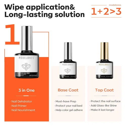 Miniatura 2 de modelones Gel Base Top Coat Set 3 Pcs with 3-in-One Nail Dehydrator & Primer Nourishing Acid Free Dehydrator Nail Prep Kit for Gel Nail Polish