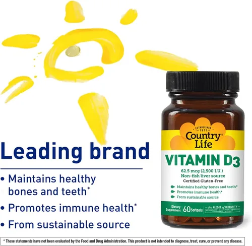 Miniatura 3 de Country Life Vitamina D3 2500 I.U. Sin gluten, 60 cápsulas blandas