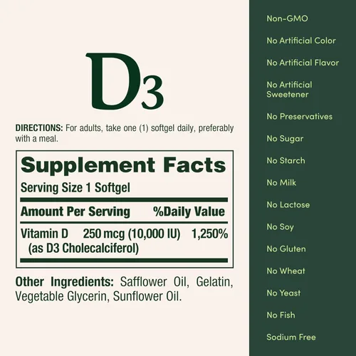 Miniatura 6 de Nature's Bounty Vitamina D para apoyo inmunológico, la vitamina D proporciona apoyo inmunológico y promueve huesos saludables, 10000IU, 72 cápsulas