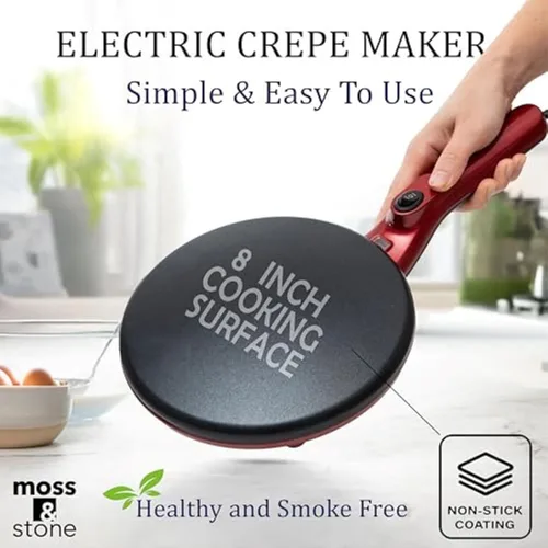 Miniatura 3 de Máquina de crepé eléctrica Moss & Stone de 8 pulgadas, máquina de crepé portátil y placa caliente con interruptor de encendido/apagado, Rojo