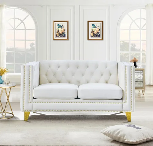 Miniatura 10 de Sofá de terciopelo de 3 plazas, cómodos sofás para sala de estar, sofá moderno con respaldo copetudo y decoración de remaches, sofá largo tapizado