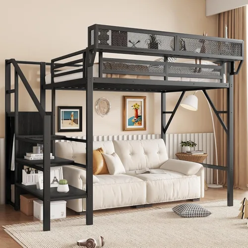 Miniatura 4 de KEIKI Estructura de Cama Loft de Metal Tamaño Twin con Escalera Convertible, Estantes de Almacenamiento Integrados y Armario, Cama Loft con Listones