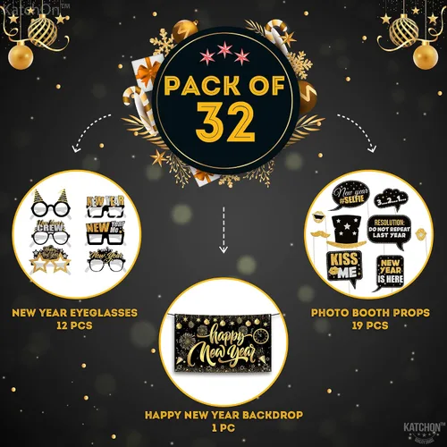Miniatura 2 de KatchOn, Suministros para fiesta de Año Nuevo 2026 – Paquete de 32 Cartel de Feliz Año Nuevo, accesorios de cabina de fotos de NYE