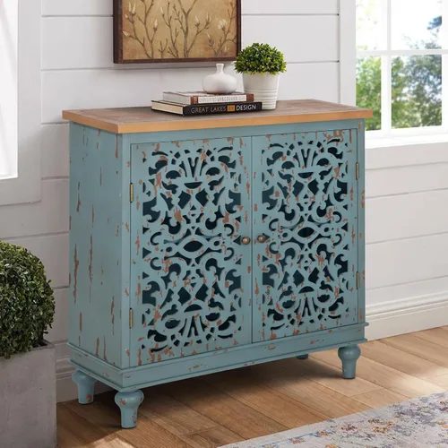 Miniatura 11 de MAISON ARTS Gabinete de Acento Pequeño con Una Puerta, Gabinete de Almacenamiento Calado Mesa Lateral Envejecida con Patas de Madera Sólida para Azul