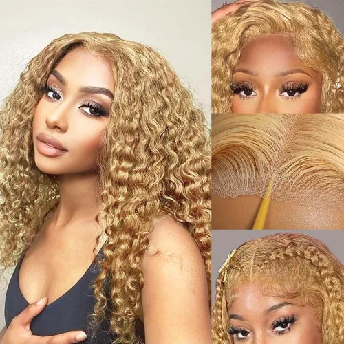 Peluca Bob Rizada Rubio Miel de Cabello Humano de 16 pulgadas 13x6 HD Sin Pegamento Encaje Frontal Rubio Miel Onda Profunda Rizada Listas para Usar