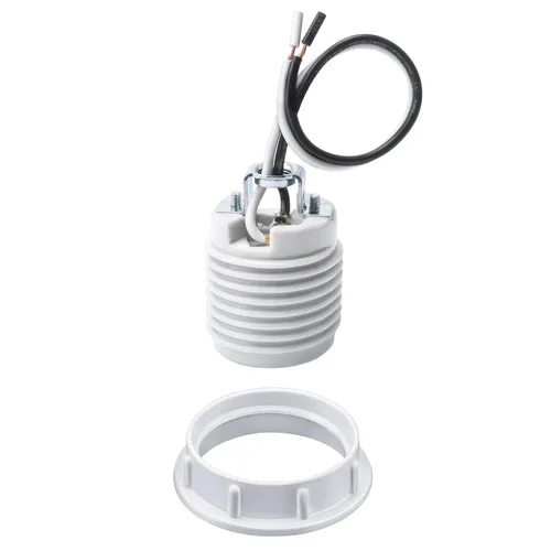 DiCUNO - Portalámpara de base media E26 de cerámica con anillo de sombra blanco, portalámpara estándar roscado, porcelana UL listada con cableado