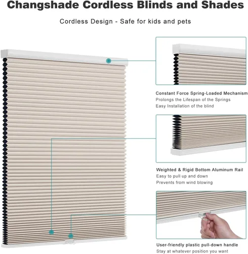 Miniatura 3 de Changshade - Persianas sin cordones con celdas, persianas opacas de nido de abeja para ventanas, persianas abatibles plisadas, fáciles de instalar