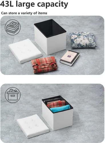 Miniatura 5 de Bsketa - Otomana de almacenamiento plegable, taburete con asiento acolchado de espuma más gruesa, pequeña otomana de cuero con almacenamiento, Blanco