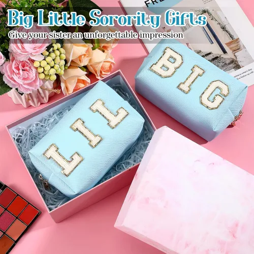 Miniatura 5 de Hillban 2 piezas Big Little Sorority Gifts Preppy Bolsa de cosméticos de piel sintética con parche de letras, bolsa de maquillaje portátil con bolsa