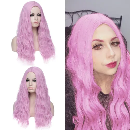 Miniatura 12 de Peluca ondulada azul de 24 pulgadas de largo para mujer, pelucas de fibra resistentes al calor, para Halloween, cosplay, fiesta diaria + gorra (azul)