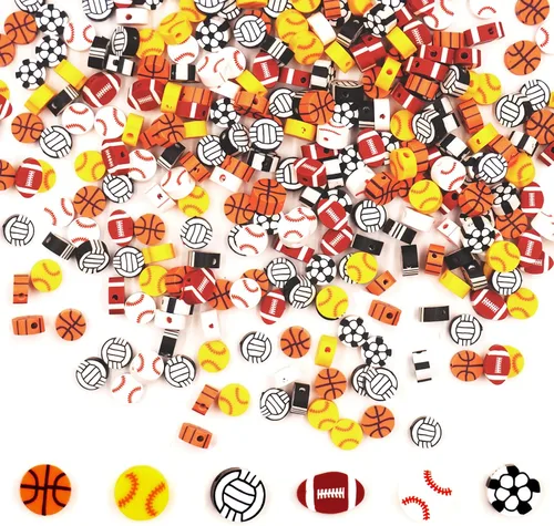 Miniatura 7 de 300 cuentas deportivas para la fabricación de joyas, cuentas de arcilla polimérica con béisbol, fútbol, baloncesto, voleibol, rugby, cuentas de bola