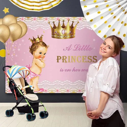 Miniatura 2 de Telón de fondo de princesa para baby shower para niña, 8 x 6 pies, corona dorada, encaje rosa, fondo de fotografía con texto en inglés "A Little