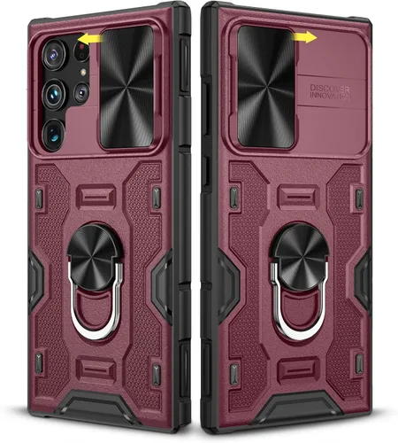 Miniatura 8 de Caka Funda para Samsung Galaxy S22 Ultra con cubierta deslizante para cámara y soporte, soporte de anillo giratorio de 360 grados integrado, funda