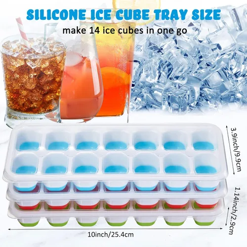 Miniatura 2 de Honeydak Paquete de 10 bandejas para cubitos de hielo con tapa extraíble resistente a derrames, bandeja flexible de 14 cubitos de hielo