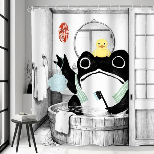 Miniatura 39 de Juego Divertido de Cortina de Rana Retro para Ducha, Juego de Baño 48x71 Pulgadas, Estilo Asiático Lindo, Arte Japonés Tradicional de Pato de Goma