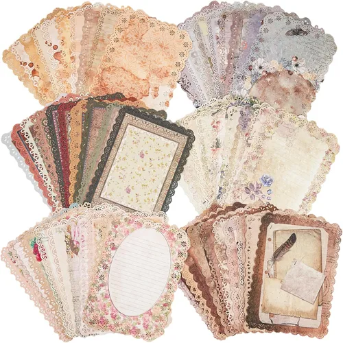 Juego surtido de 60 hojas de papel de papelería para álbum de recortes con bordes de encaje - Paquete de 6 papel vintage para escribir cartas,