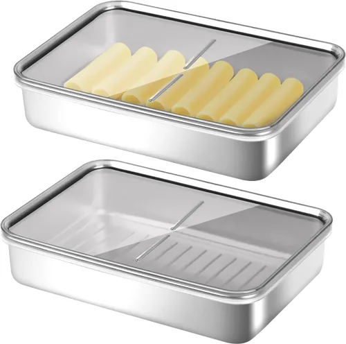 BigKing Paquete de 2 recipientes para tocino, contenedor de queso para refrigerador, contenedor de carne para refrigerador, recipientes de acero