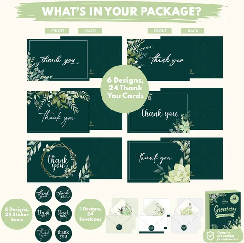 Miniatura 2 de Decorably Paquete de 24 tarjetas de agradecimiento verdes de 6 x 4 pulgadas con sobres y calcomanías, 6 diseños elegantes para amigos, familiares