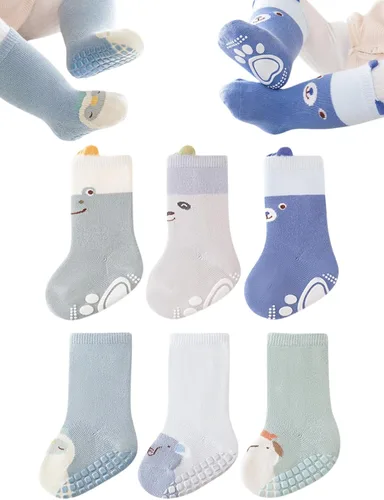 Calcetines antideslizantes para bebés, calcetines de dibujos animados antideslizantes con puños para niñas, niños y recién nacidos, 6 pares