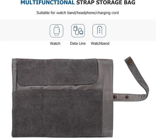 Miniatura 3 de Watch Band Storage Bag and Watch Organizer Pouch, Gray Nylon Portable Travel Case for Smartwatch Accessories, Space-saving Roll with Snap Closure