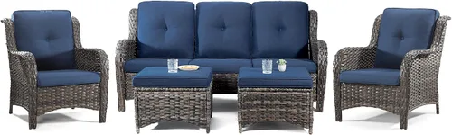Miniatura 54 de Juego de 2 sillas de patio giratorias de 360 grados para exteriores y mesa auxiliar a juego – 3 sillas deslizantes de mimbre para patio con cojines