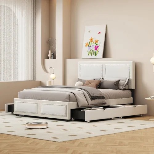 Miniatura 11 de Cama de plataforma tapizada de tamaño individual con barandilla, cabecera de almacenamiento y estribo, para niños, adolescentes y adultos, uso