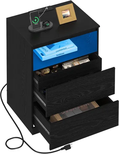 Miniatura 11 de Mesita de noche, 4 cajones, 26 pulgadas de alto con cajón oculto, mesita de noche con estación de carga, moderna mesita de noche para dormitorio