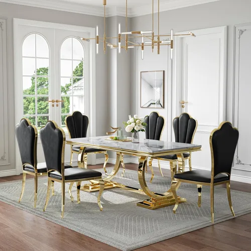 Miniatura 46 de Juego de mesa de comedor de mármol de 70 pulgadas para 6, mesa de cocina grande y sillas de cuero negro, mesas de comedor modernas negras y doradas