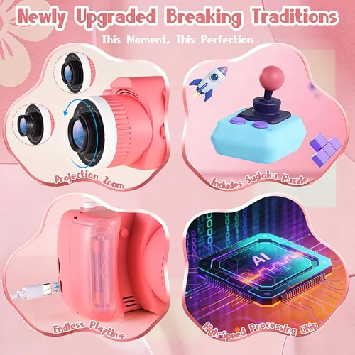 Miniatura 3 de Cámara digital para niños con videojuegos, cámara digital para niños Fhd 1080P, videocámara digital para niños con proyector Stent para regalos, rosa