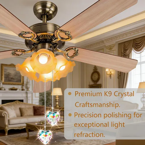Miniatura 2 de Extensor de cadena para ventilador de techo, paquete de 2 colgantes decorativos de prisma de corazón de cristal de 12 pulgadas con conectores de AB