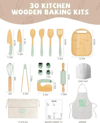 Miniatura 3 de Juego de cocina Montessori de madera para niños, herramientas de cocina reales y utensilios para hornear, kit de cocina de 15 piezas para niños